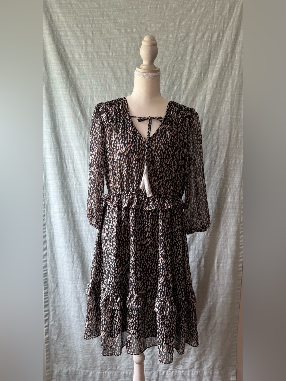Soft Surroundings Black and Cream Printed Tie-Neck Midi Dress